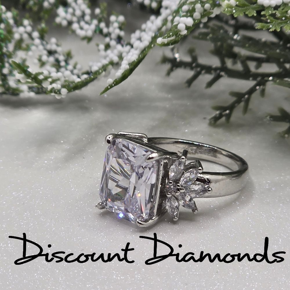 Clear White Diamond Cocktail Ring 14K White Gold 925 Sterling Silver